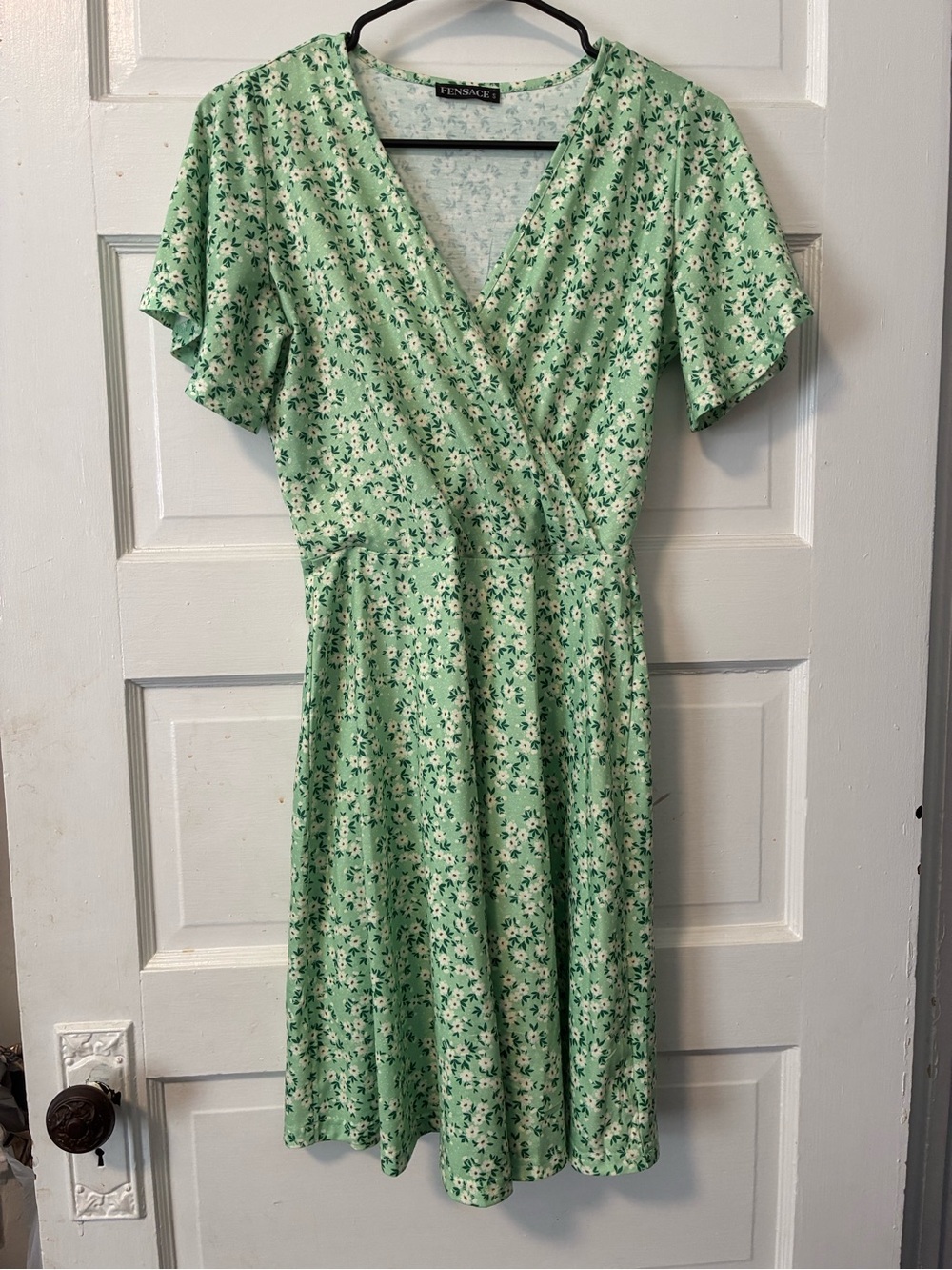 Light Green Floral Wrap-Style Midi Dress